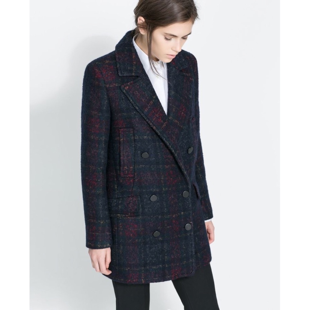 Zara Woman Boucle Plaid Pea Coat Sz. L